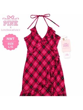 NWT PINK Victoria's Secret x LoveShackFancy Plaid Ruffle Halter Midi Dress Large